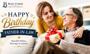 Birthday wishes for father-in-law written on a greeting card with a birthday cake and gift in the background