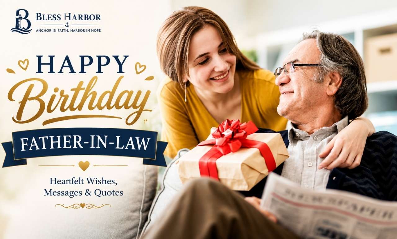 Birthday wishes for father-in-law written on a greeting card with a birthday cake and gift in the background