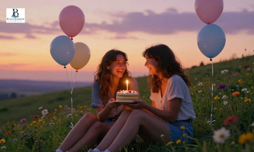 Cousin sisters celebrating a birthday with cake and balloons