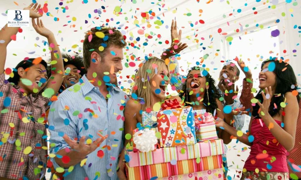Birthday celebration with friends, gifts and colorful confetti