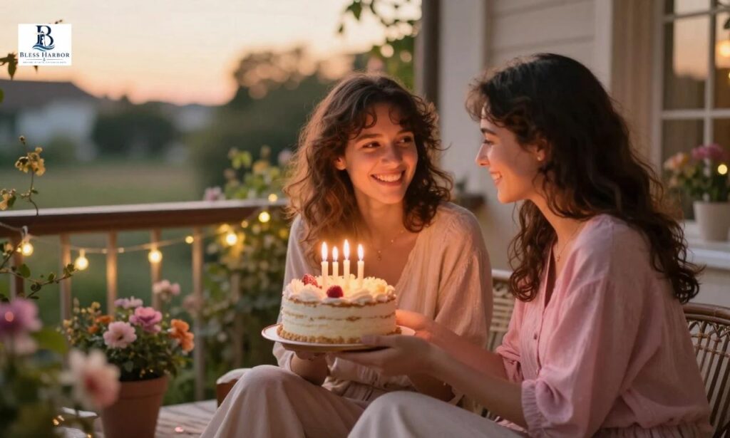 Cousin sisters celebrating a birthday with a cake outdoors