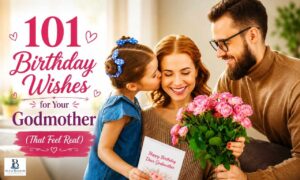 Birthday wishes for your godmother written on a greeting card with flowers and a birthday cake