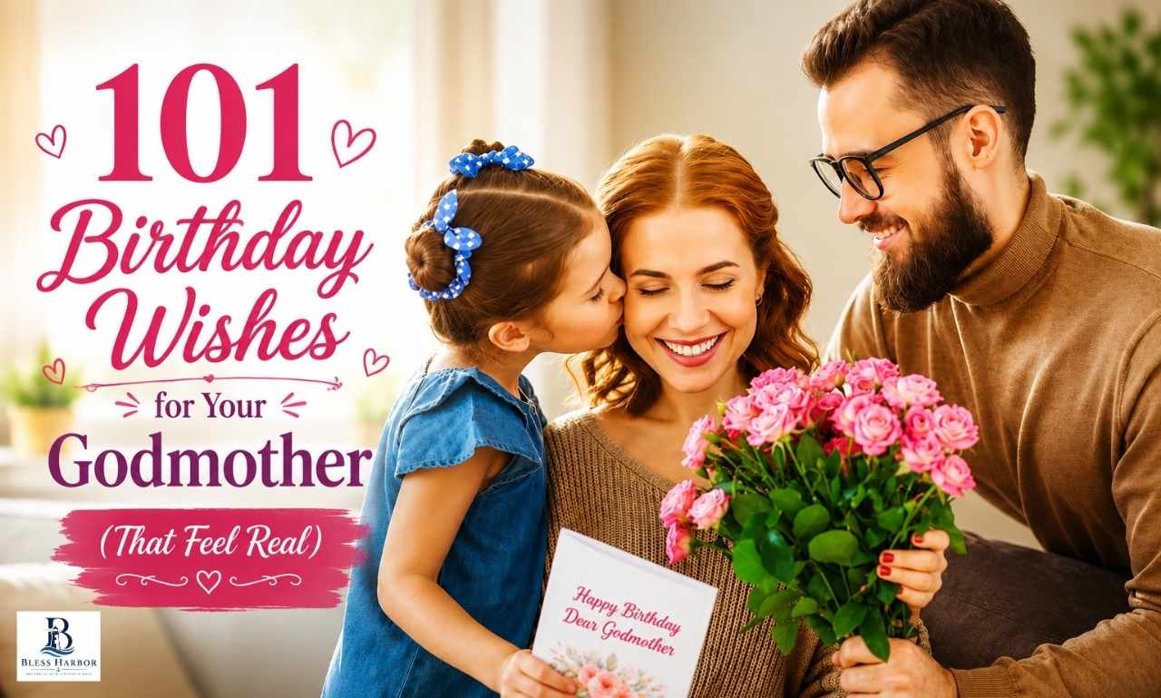 Birthday wishes for your godmother written on a greeting card with flowers and a birthday cake