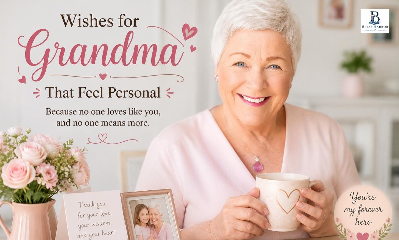 Happy birthday card with wishes for grandma surrounded by flowers and a candle-lit cake