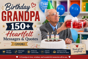 Birthday Grandpa wishes with grandfather celebrating his birthday surrounded by family, cake, balloons, and heartfelt messages.