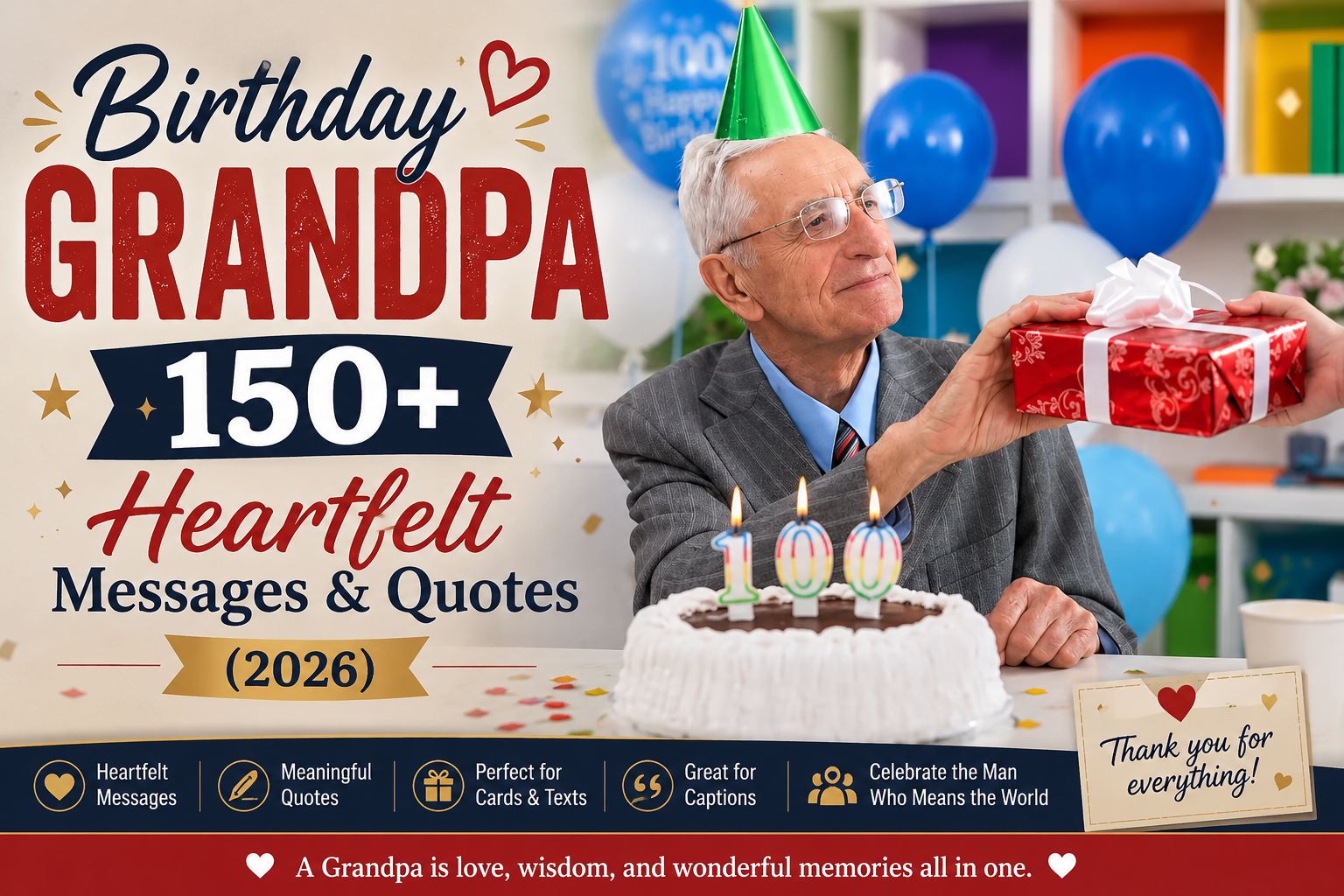 Birthday Grandpa wishes with grandfather celebrating his birthday surrounded by family, cake, balloons, and heartfelt messages.
