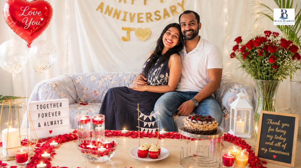 Romantic birthday celebration for husband with cake, roses, candles, and loving couple