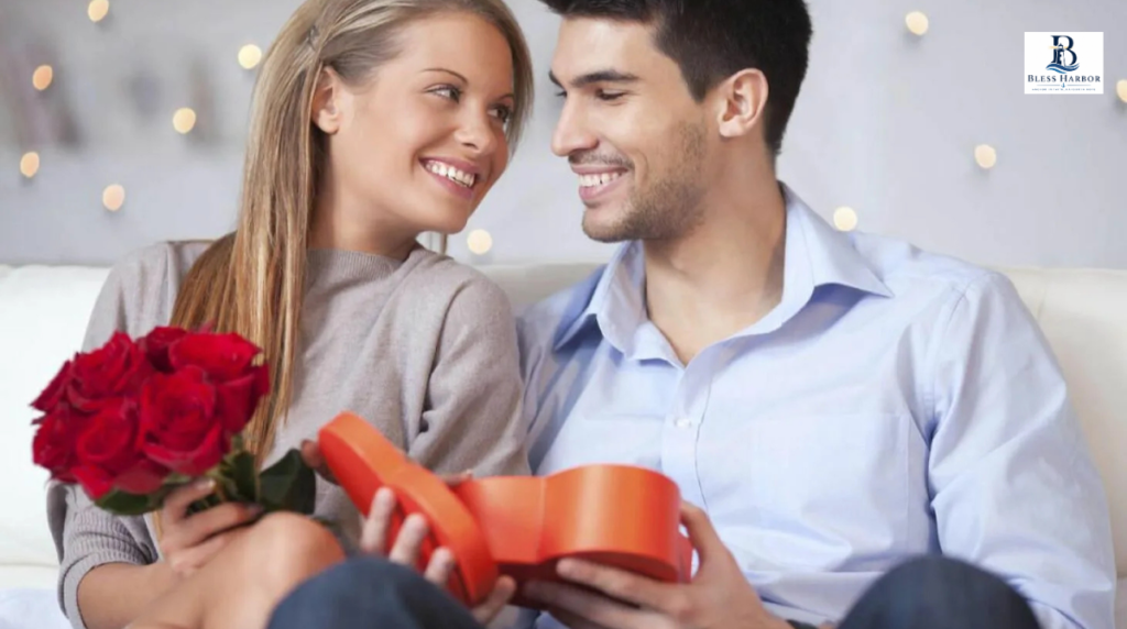 Romantic birthday gift for husband with couple holding roses and an open heart-shaped gift box