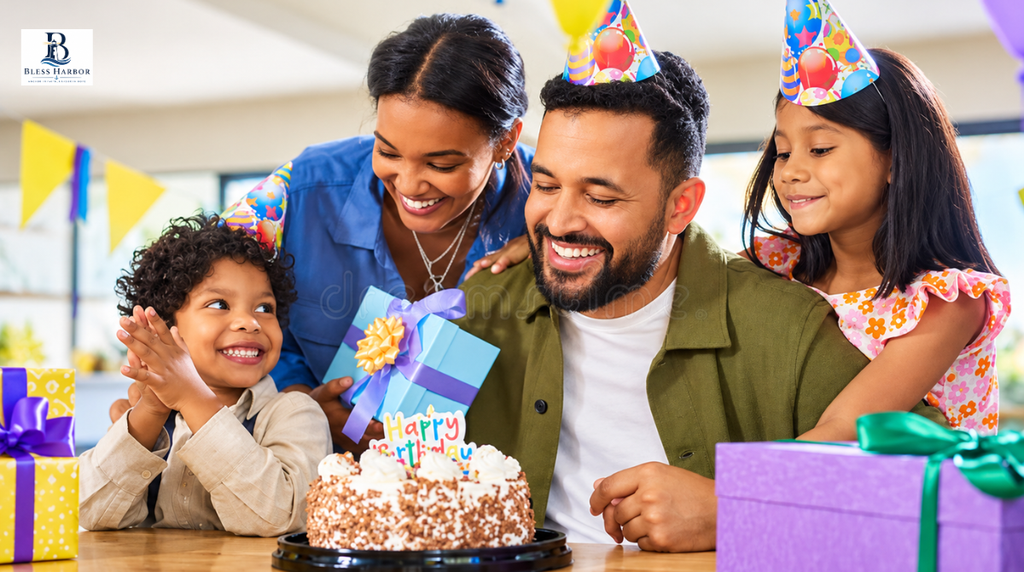 Happy birthday celebration with dad and family, cake, gifts, and colorful party hats