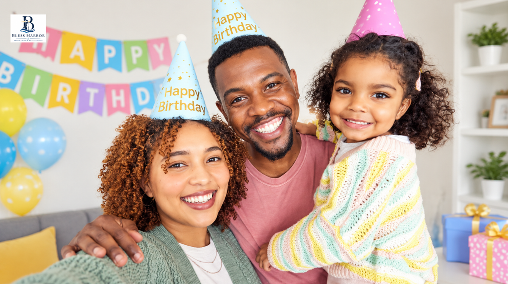 Family celebrating an older man's birthday with a cake, balloons, and colorful party hats