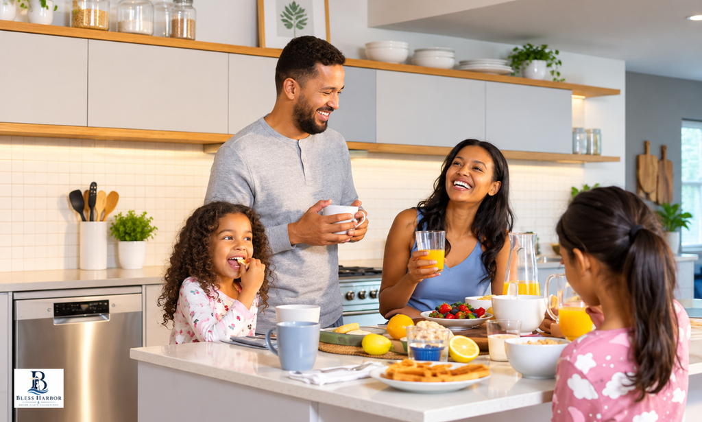 Happy family enjoying breakfast together in a bright modern kitchen.